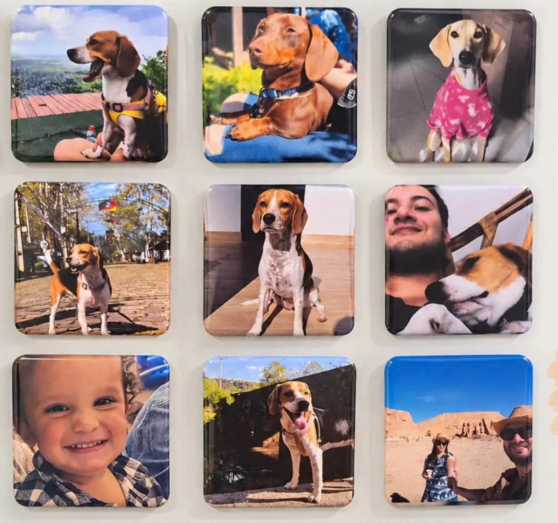 Nove ímãs fotográficos reais da Memórias de Amor, com fotos de pets, família e viagem, dispostos em três fileiras.
