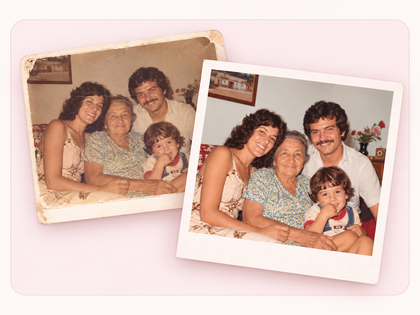 Exemplo de restauração: à esquerda, a fotografia de família antiga, amarelada e com marcas do tempo; à direita, a mesma imagem restaurada em cores vivas, em estilo polaroid.